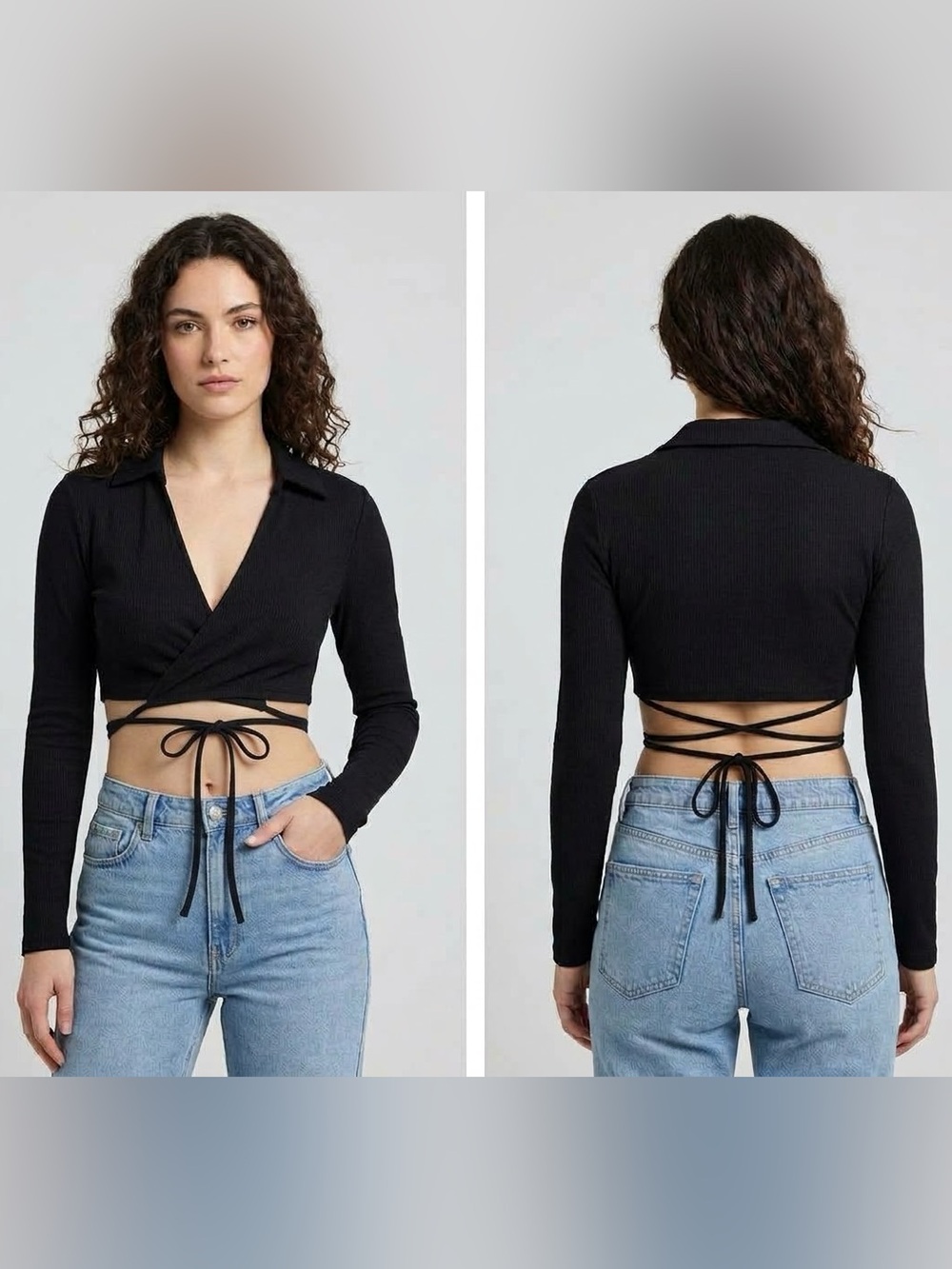 🖤 Zara Black Cropped Wrap Tie Waist Blazer Top Long Sleeve Womens Size S
